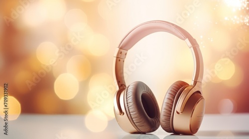 Headphones on a surface with a softly lit bokeh background. Banner with copy space