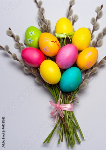 Bouquet of colorful Easter eggs arranged like flowers, happy easter