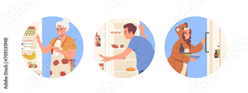 Isolated round composition set with people cartoon character looking at opened kitchen refrigerator