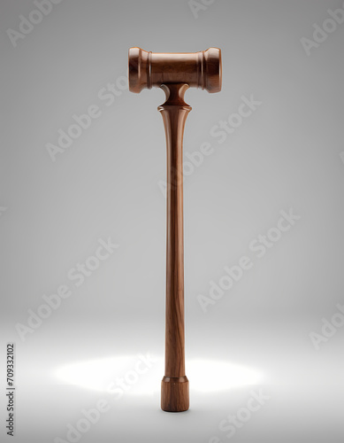 Sleek wooden gavel with detailed craftsmanship stands on a grey background, embodying legal authority and tradition