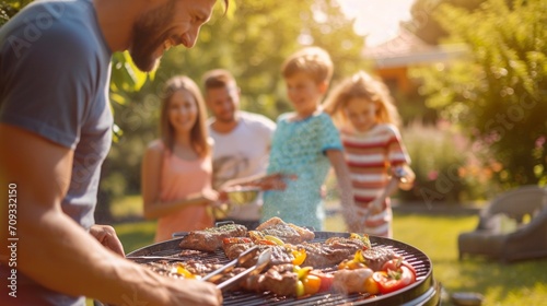 a photo of a family and friends having a picnic barbeque grill in the garden. having fun eating and enjoying time. sunny day in the summer. blur background