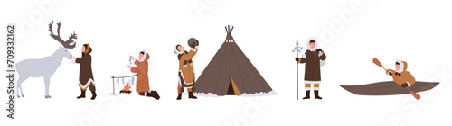 Eskimos people lifestyle isolated set with man and woman wearing traditional clothes daily activity