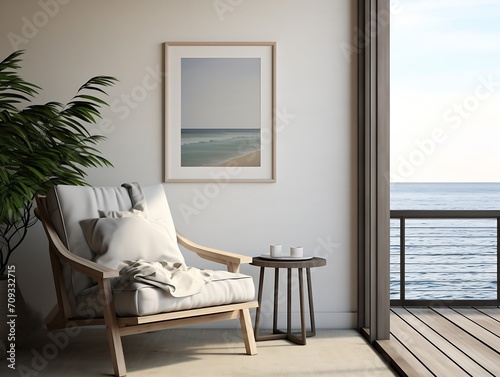 Generative AI : portrait white blank black framed canvas mockup in beach house