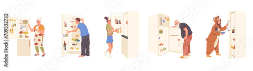 Different people cartoon characters looking at refrigerator searching snack to eat or food to cook