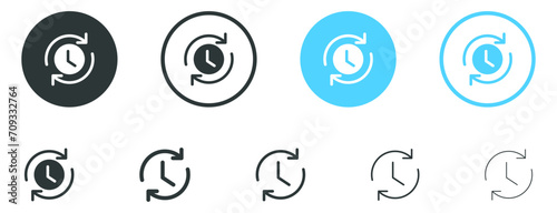 time and clock with arrow circle icons set in flat style, clockwise rotation icon. time passing icon. timer symbol history watch later sign photo