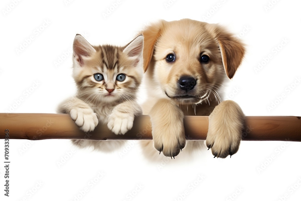 Obraz premium Generative AI : Cute dogs and cats together hanging paws isolated_
