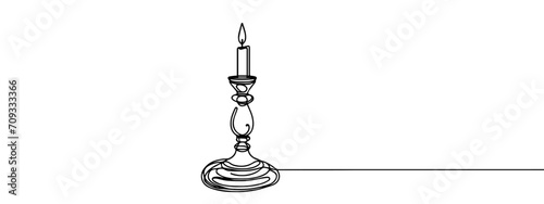 Retro candle holder and candle one line art. Continuous line drawing of new year holidays, christmas, traditional candelabrum, illumination, lighting.