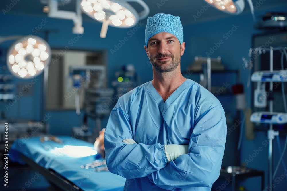 Confident studio portrait of an American man as a vascular surgeon, with surgical instruments and vascular models, isolated on a background of a surgical suite