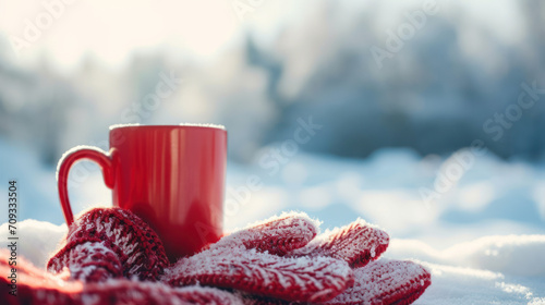 A cozy winter morning, a red cup and knitted mittens Ai generative