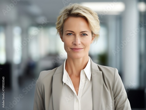 Generative AI : Slight smiling business woman 40+ years old in office with a team