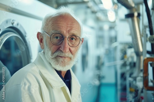 Elderly European businessman as a seasoned oceanographer, with marine equipment and an oceanic research lab background