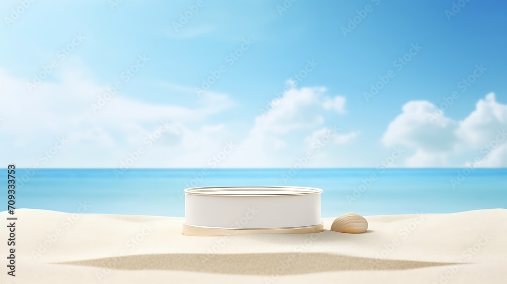 Obraz premium Generative AI : White Sand with White 3D podium put on sand dune againt blurry blue ocean