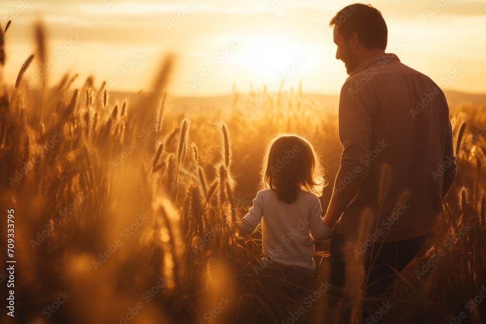 parent and child at sunset in a wheat field - obrazy, fototapety, plakaty 