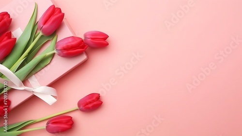 Generative AI : Bouquet of pink tulips on a pink background.