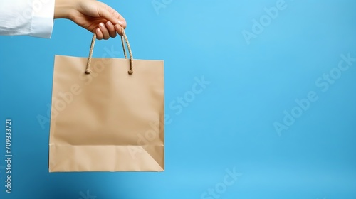 Generative AI : Close up cropped female hold in hand brown paper bag with food products isolated on blue color wall background
