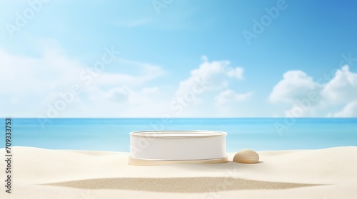 Generative AI : White Sand with White 3D podium put on sand dune againt blurry blue ocean 