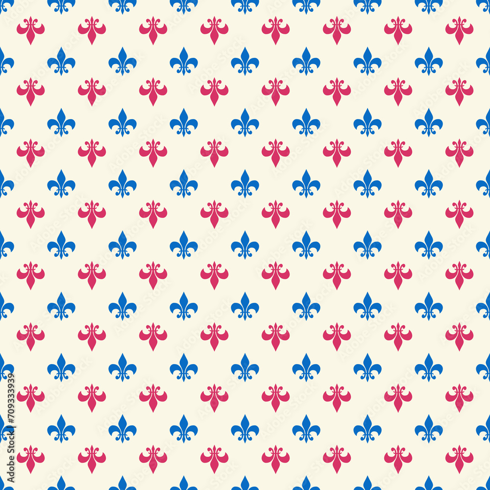 Fleur De Lis Blue and Coral French Damask Luxury Decorative Fabric Pattern