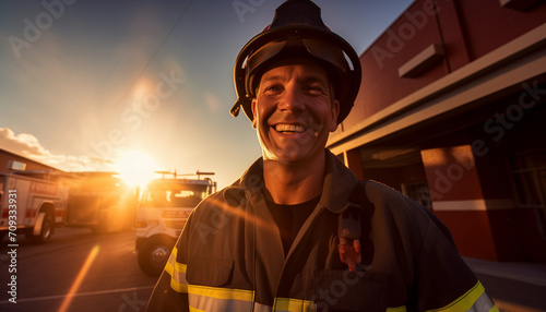 A smiling firefighter standing outside his fire station on a sunny day