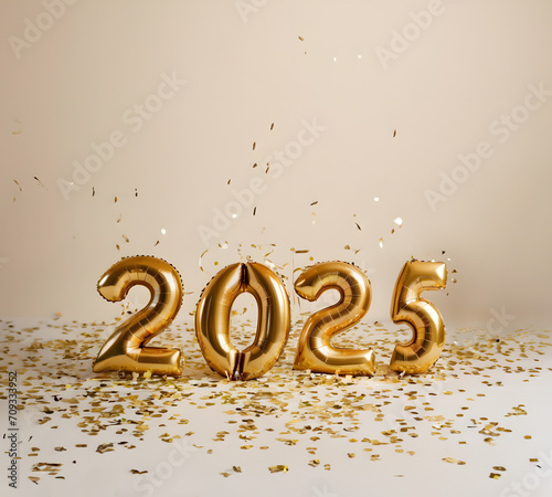 Year of 2025. Golden realistic metallic 3d numbers with golden lights blur bokeh