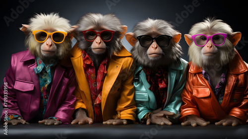 Ape in a group, vibrant bright fashionable outfits isolated on solid background advertisement, copy text space. birthday party invite
