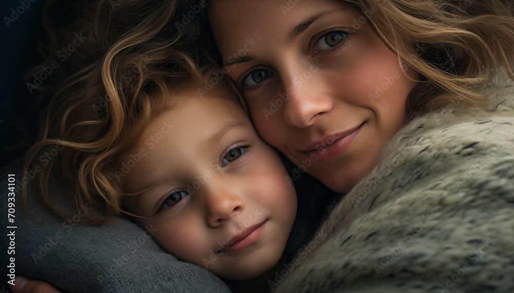 A tender portrait of a contemplative child being hugged by his mother A tender portrait of a contemplative child being hugged by his mother