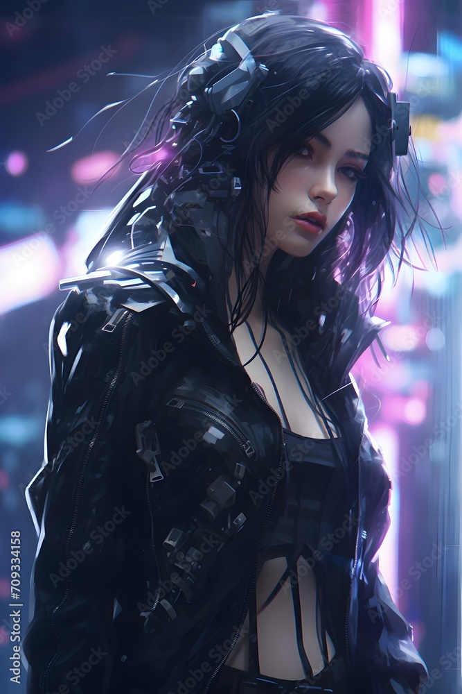 Cyberpunk hacker woman with goggles on a city street pictured from the side Cyberpunk hacker woman with goggles on a city street pictured from the side