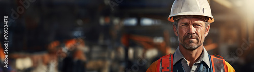 Generative AI image of Close up Portrait of a man on a busy construction site, overseeing operations with a hard hat and blueprint, signifying the leadership of a site manager