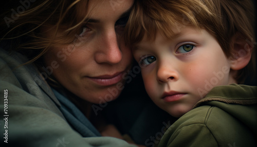 A tender portrait of a contemplative child being hugged by his mother © Maria