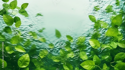 Generative AI : Green leaves on water surface. Beautiful water ripple background
