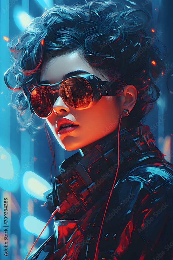 Cyberpunk hacker woman with goggles on a city street pictured from the side Cyberpunk hacker woman with goggles on a city street pictured from the side