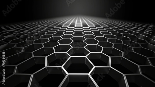 Generative AI image of 
A 2d geometric flat line sketch simple empty white hexagon net on a black background, flat hexagon net, completelly black background photo