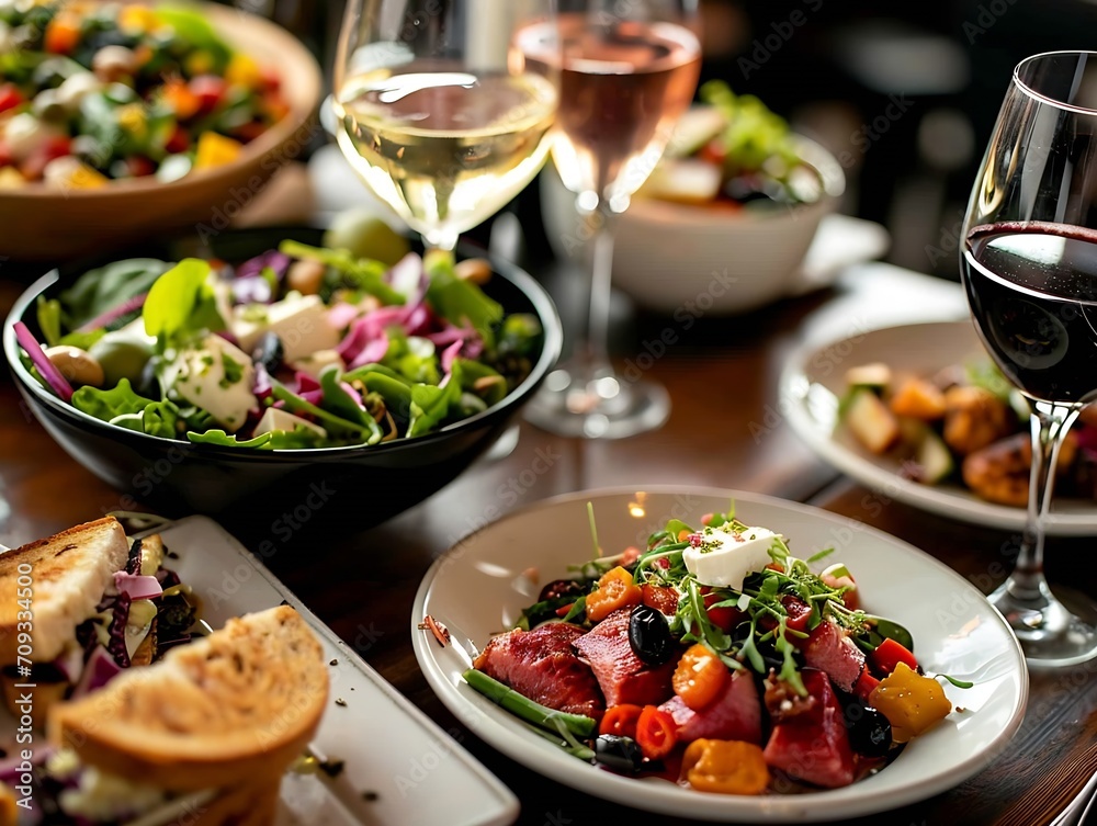 Generative AI : table topped with plates of food and glasses of wine next to a bowl of salad and a glass Generative AI : table topped with plates of food and glasses of wine next to a bowl of salad and a glass