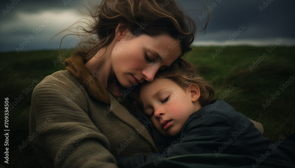 Fototapeta premium A tender portrait of a contemplative child being hugged by his mother