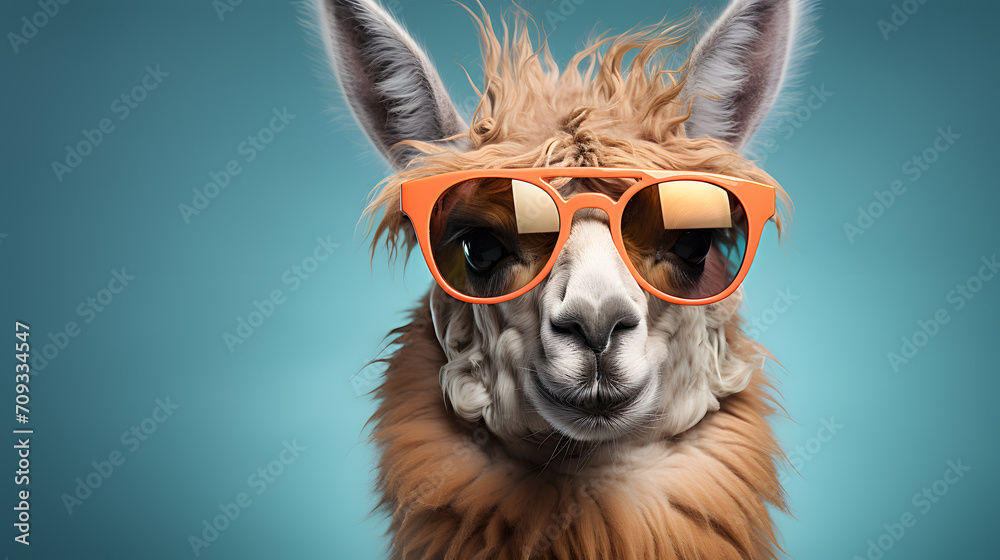 Creative animal concept. Llama in sunglass shade glasses on solid pastel background, commercial, advertisement
