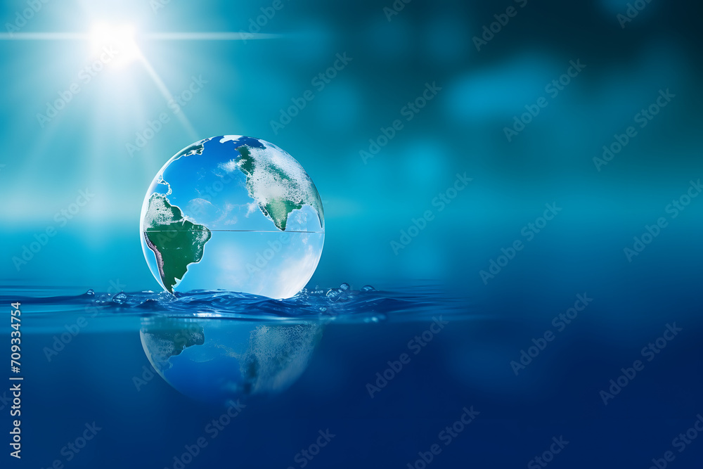 World Water Day concept. The world in clean water drop on and fresh blue water ripples design, Environment save and ecology theme concept. Generative by
