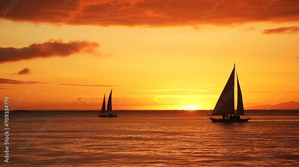 Generative AI : amazing tropical sunset and silhouette of sailing boats in Boracay island