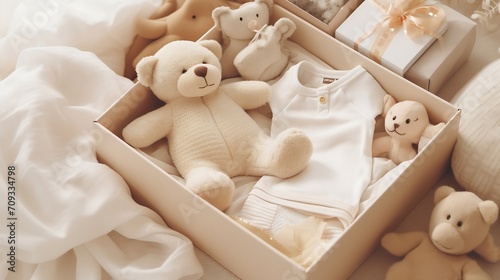 Generative AI : Box with baby stuff and accessories for newborn on bed. photo
