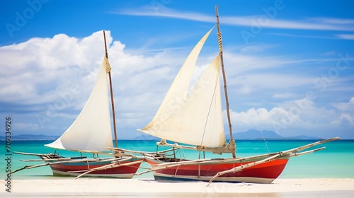 Generative AI : Boracay boats on the White beach. The overall color scheme is soft and bright champagne