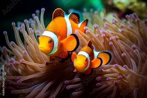 Generative AI : A pair of adorable orange clownfish or clown anemonefish