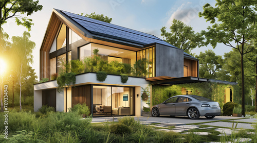 A composite image featuring a modern eco-friendly home with solar panels, a lush garden, and an electric car in the driveway, promoting sustainable living photo