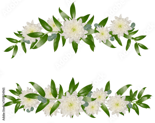 Decorative composition of white chrysanthemum flowers and green leaves  a bouquet for decorating greeting cards