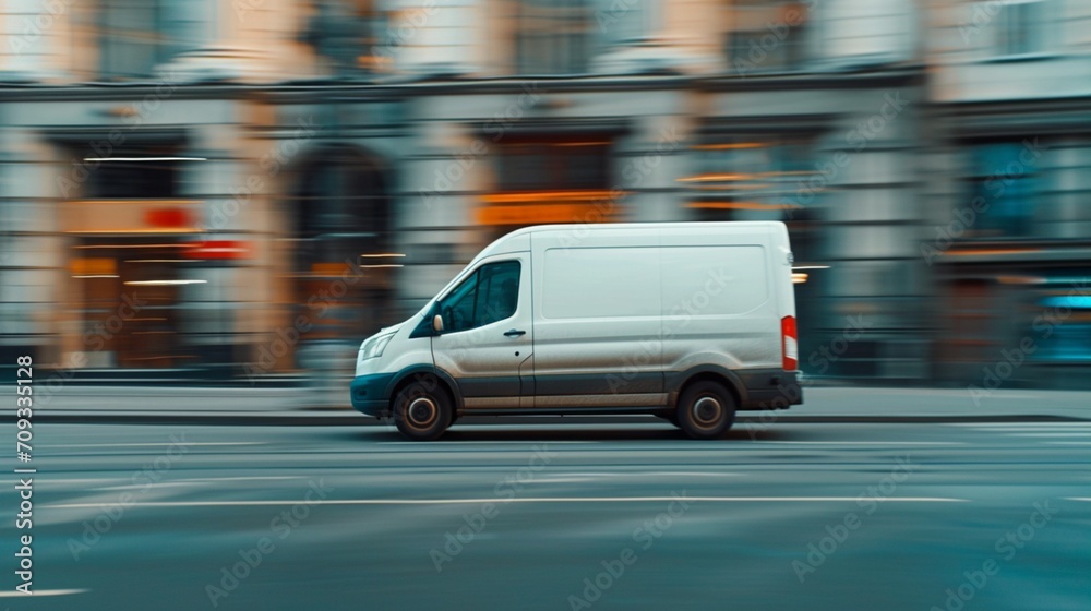 white delivery van side view on blur city street background, moving minivan in urgent fast motion, concept of logistics, food merchandise commercial delivery or post service, banner with copy space