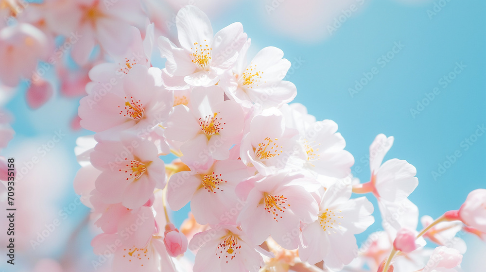 Close-up shot of cherry blossoms against a blue sky