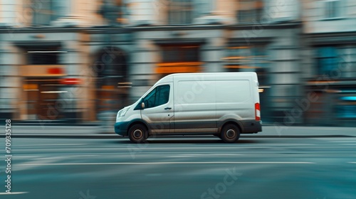 white delivery van side view on blur city street background, moving minivan in urgent fast motion, concept of logistics, food merchandise commercial delivery or post service, banner with copy space photo