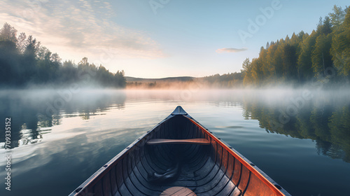 Fotografia Bow of a canoe in the morning on a misty lake generated AI