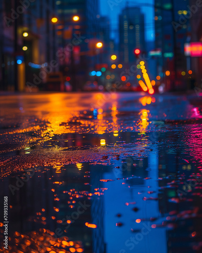 Puddle reflections of city lights during a March rain