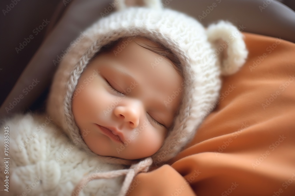 Generative AI : Cute newborn baby sleeping on bed Generative AI : Cute newborn baby sleeping on bed