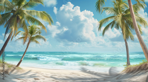 Beach scene with palm trees, sand, and surf