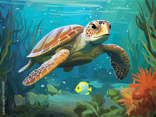 Vector drawing of large turtle under water at the coral reef
with tropical fishes. Underwater world of the ocean.
Algae, corals and sea anemones on the seabed.