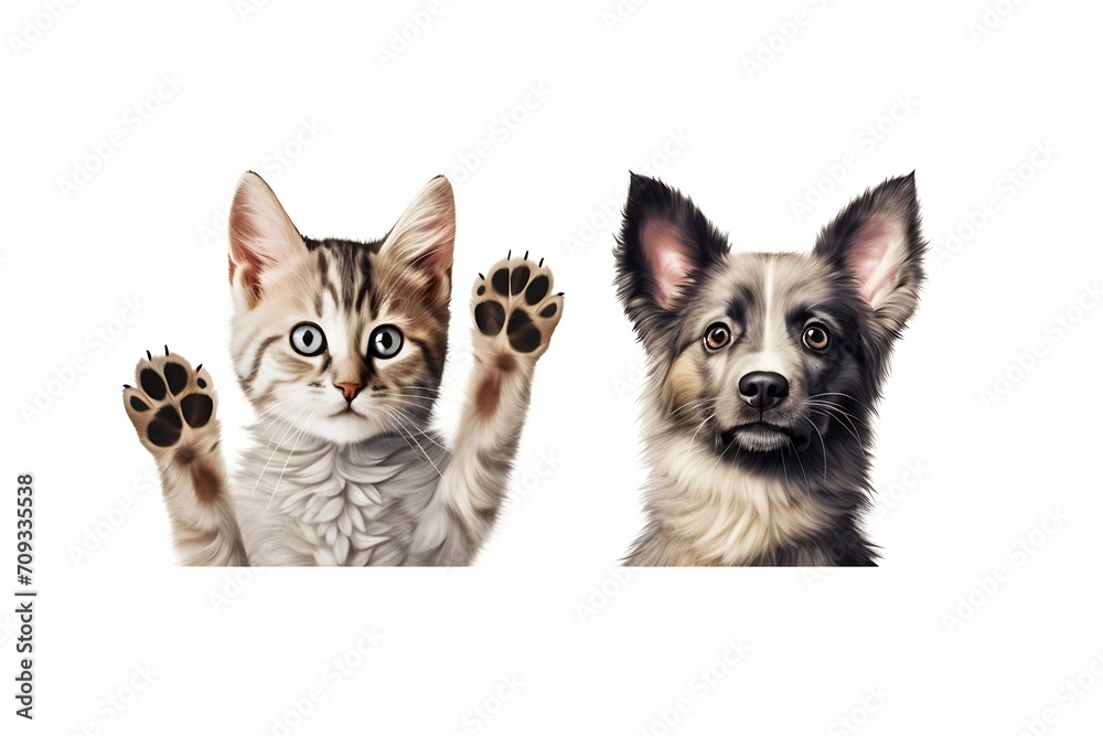 Generative AI : Cute dogs and cats together hanging paws isolated_